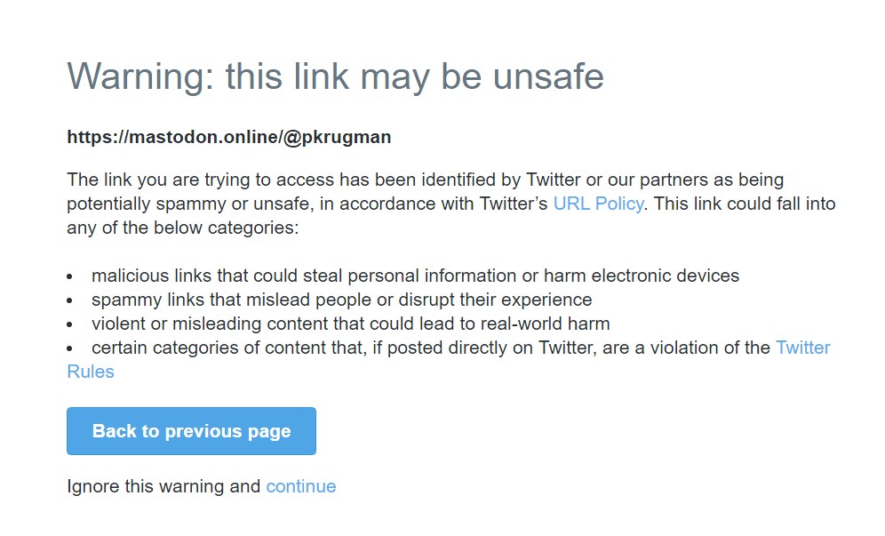 what happens when you click a Mastodon link in Twitter-you get a spam or malware warning