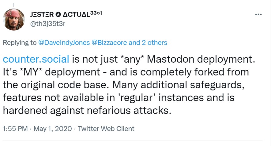 snapshot of tweet by the jester noting that counter.social is a fork of Mastodon