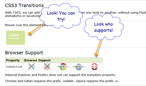 Screenshot of W3Schools CSS3 transitions page