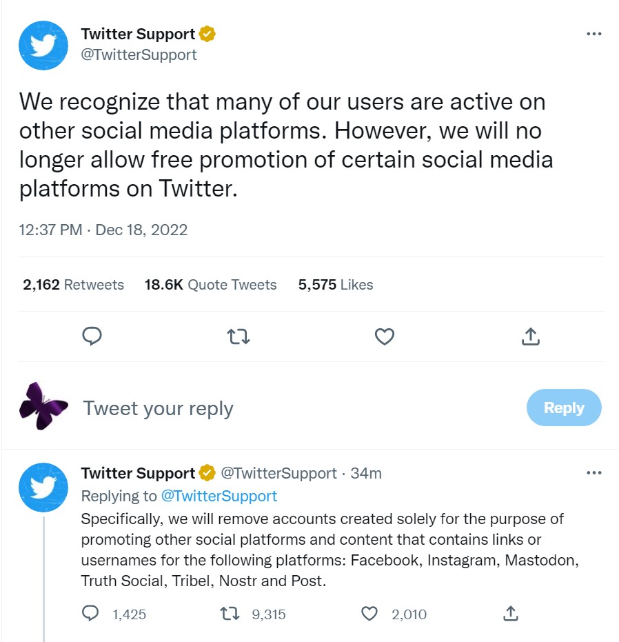 Twitter warning that it will no longer allow any promotion of other platforms, including Mastodon