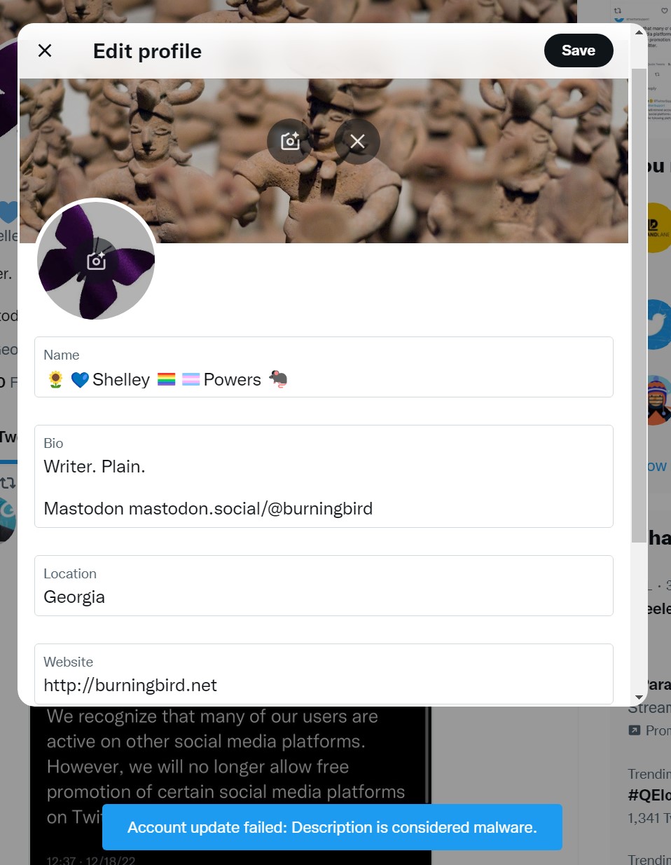 you can't even including a Mastodon link in your profile, Twitter returns a malware error when you try to save