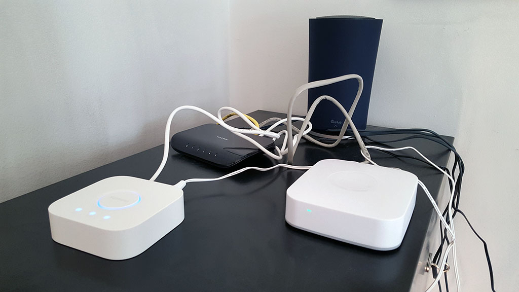 OnHub, USB router, Hue Hub, and SmartThings Hub