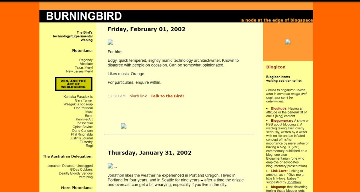 Screenshot of my earliest weblog - bright orange