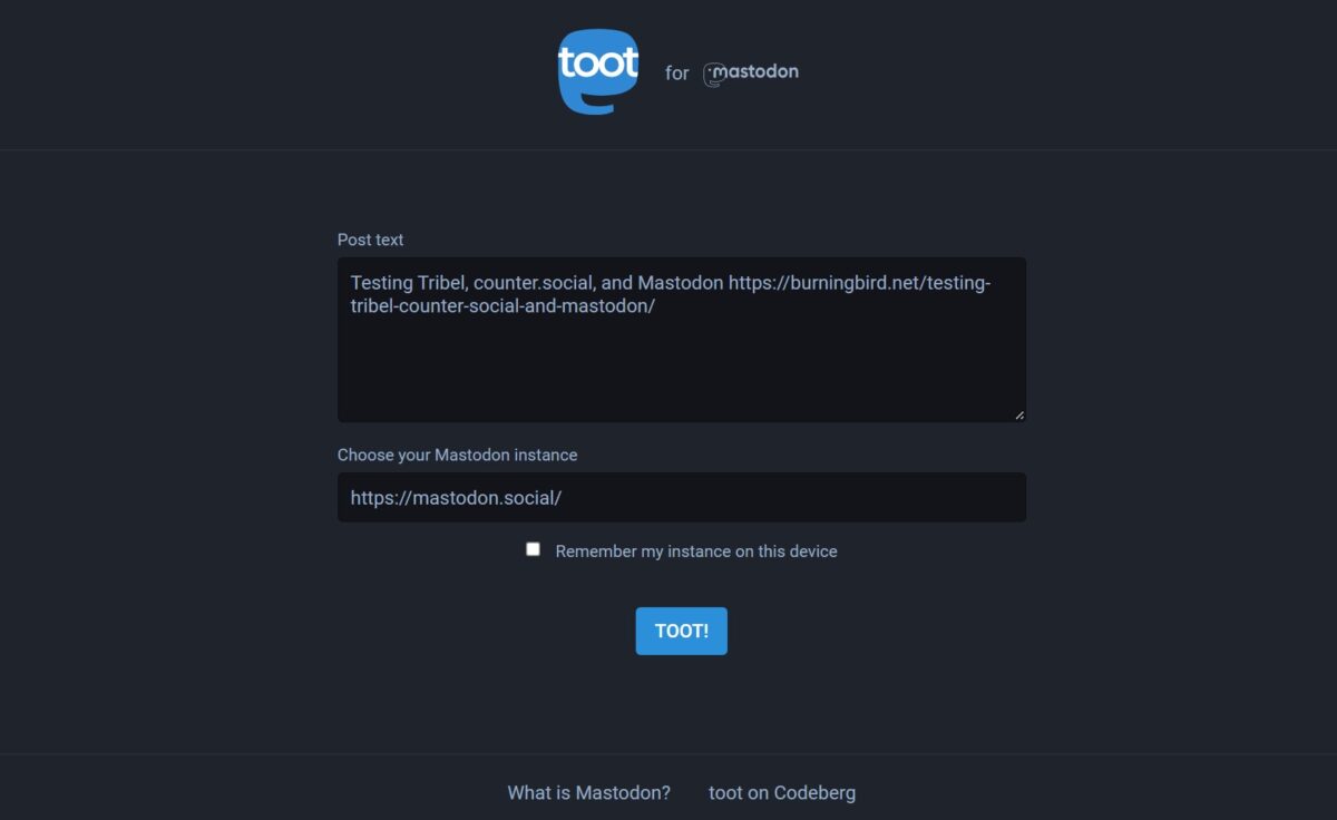 The dialog to post a WP story to Mastodon