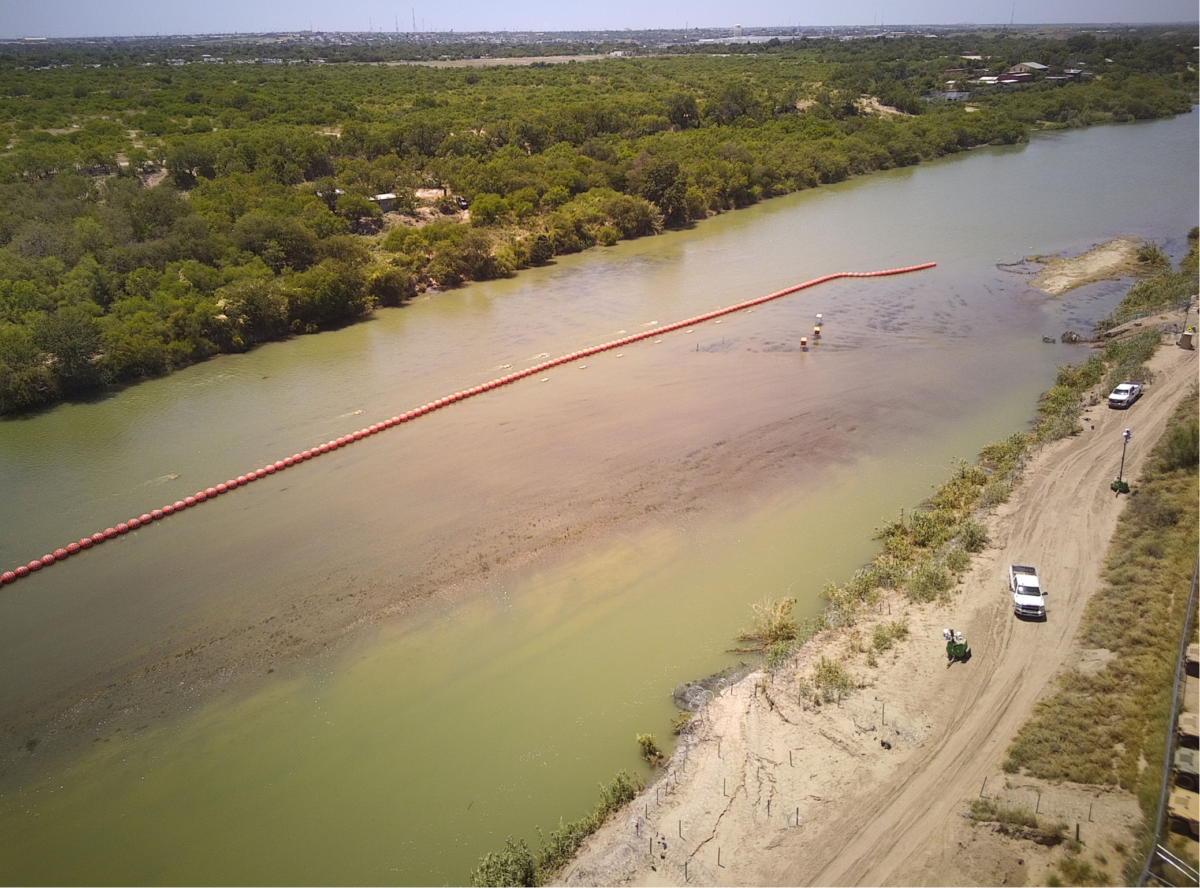 Drone photo of buoys as first deployed by Texas in Rio Grande