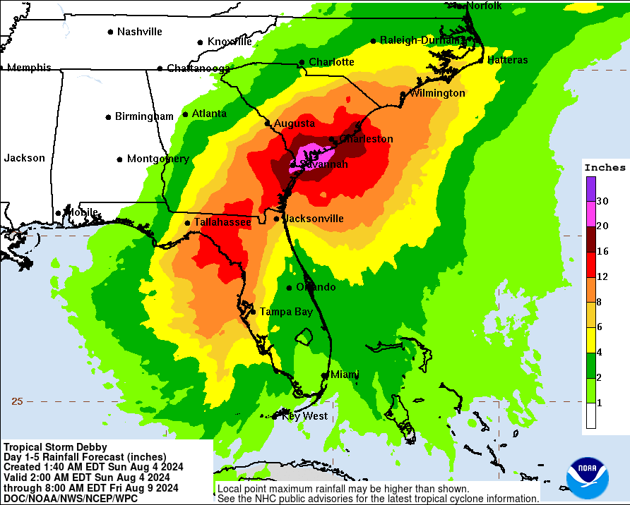 Latest rain forecast for Debby from NOAA hurricane center