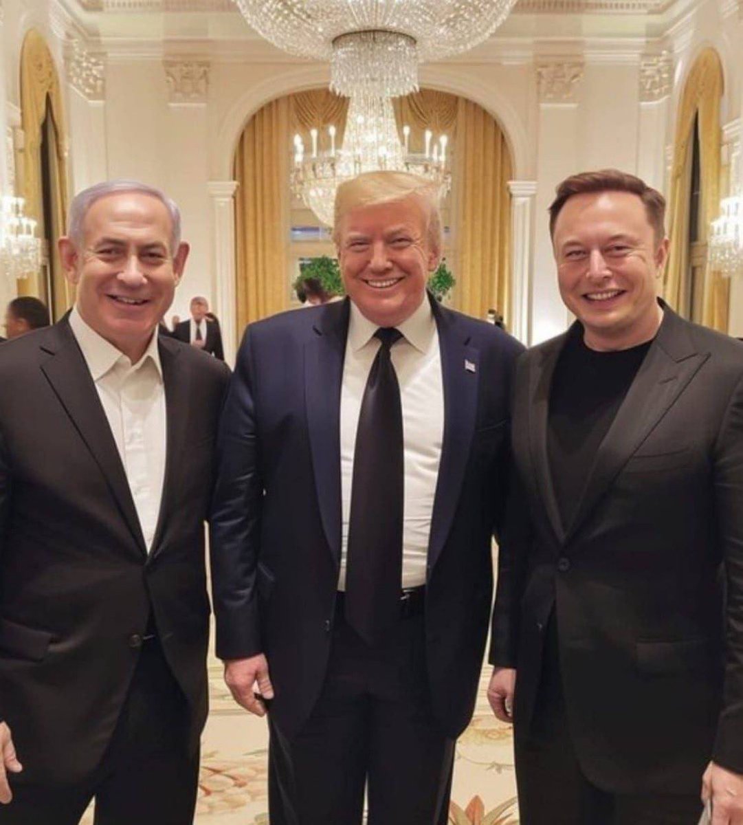 Badly done AI generated image of Trump, Netanyahu, and Musk. 