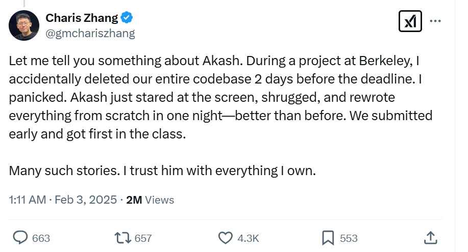 Tweet bragging about one of the DOGE developers being able to rewrite code accidentally deleted. A good coder would never be put into this position.