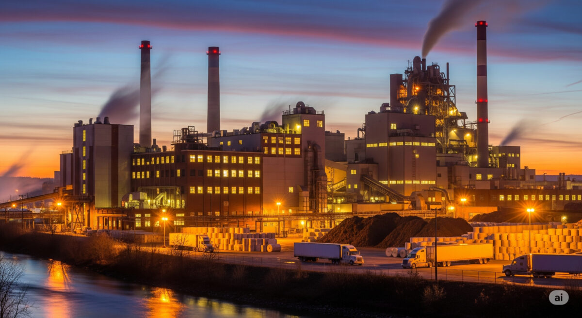 Google AI generated image of a paper mill, by a river, at night with lights on