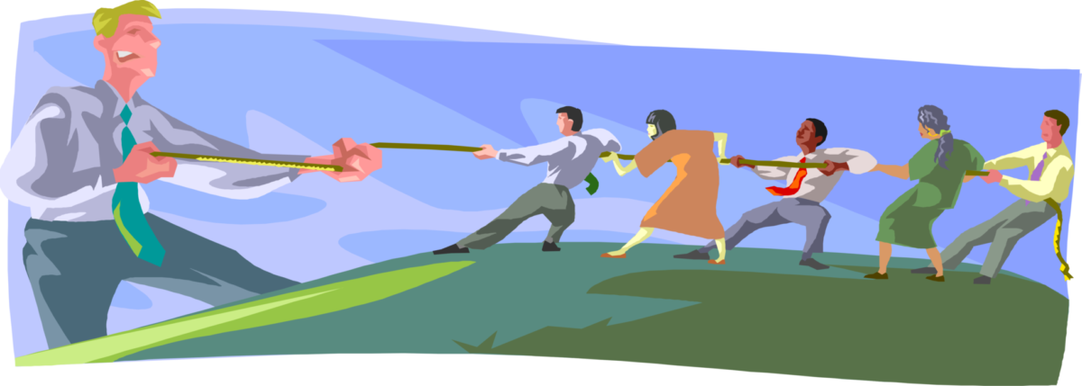 artist illustration of tug or war, with a single man on one side and several others on other