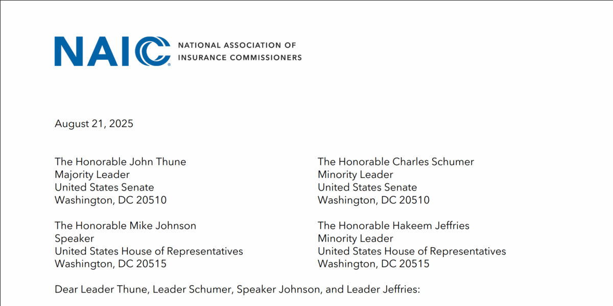 Header of the NAIC letter to Congressional leaders about the subsidies