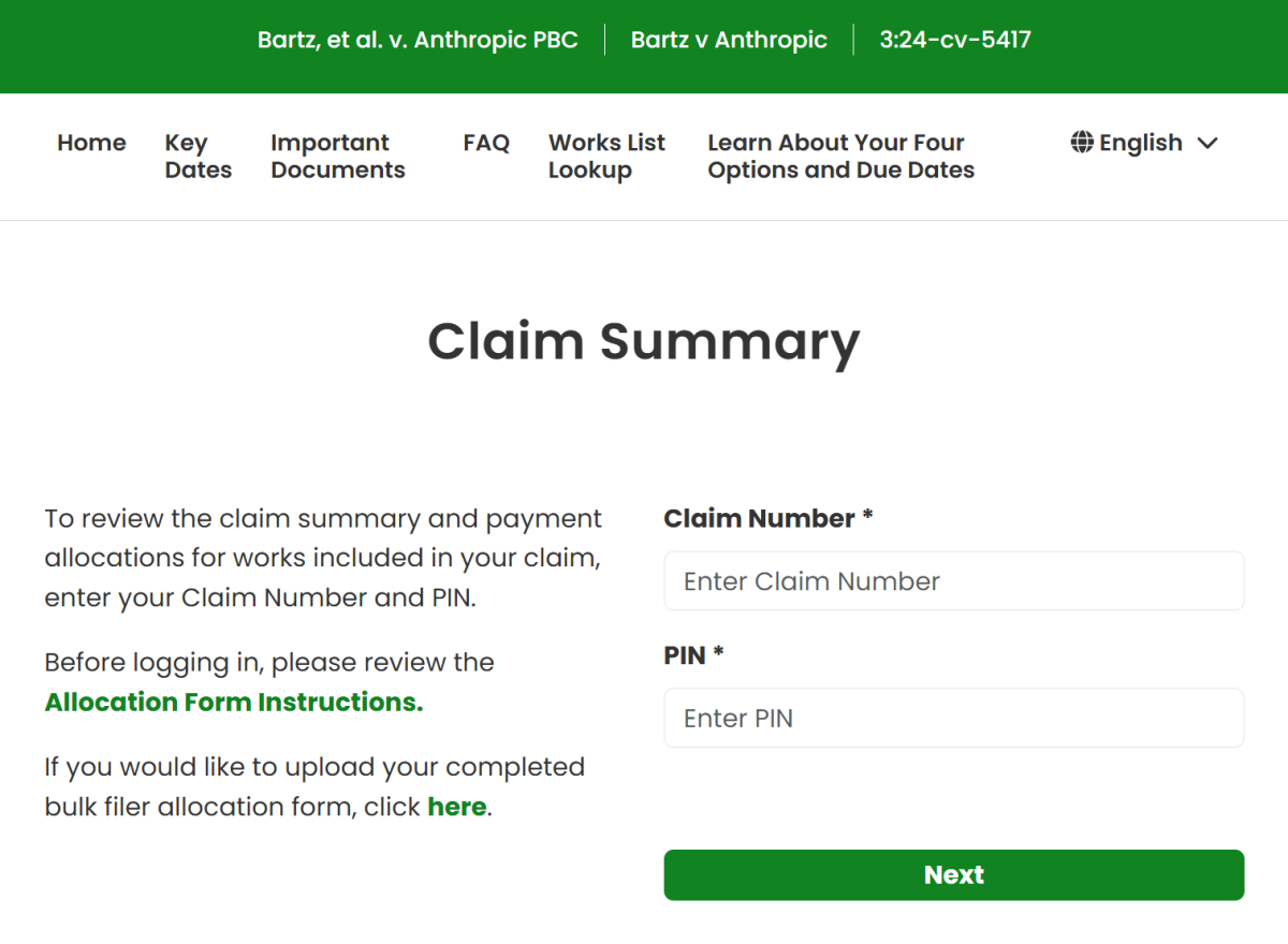 Screenshot of Anthropic settlement allocation adjustment login page